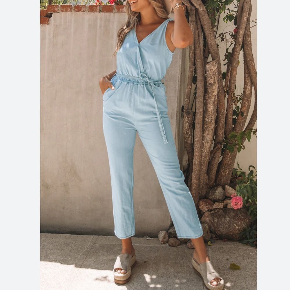 Brock Pocketed Sleeveless Surplice Cotton Jumpsuit